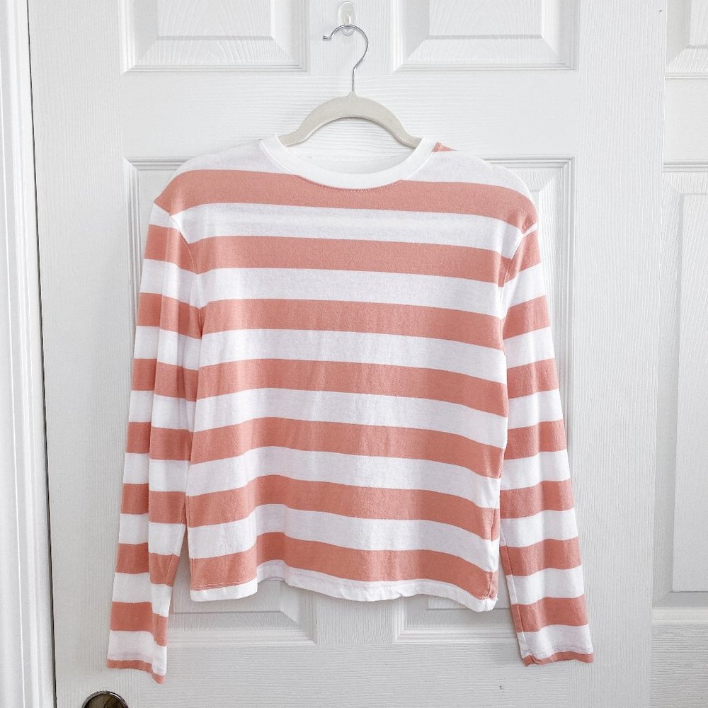 🌸 A New Day White & Pink Striped Long Sleeve Crewneck Tee